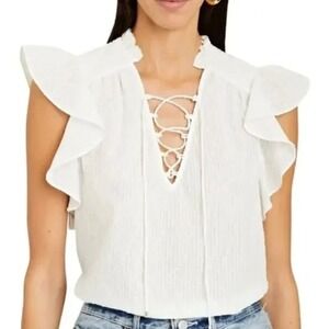 Intermix White Cotton Swiss Dot Ruffle Lace Up Blouse Top Small RN125840